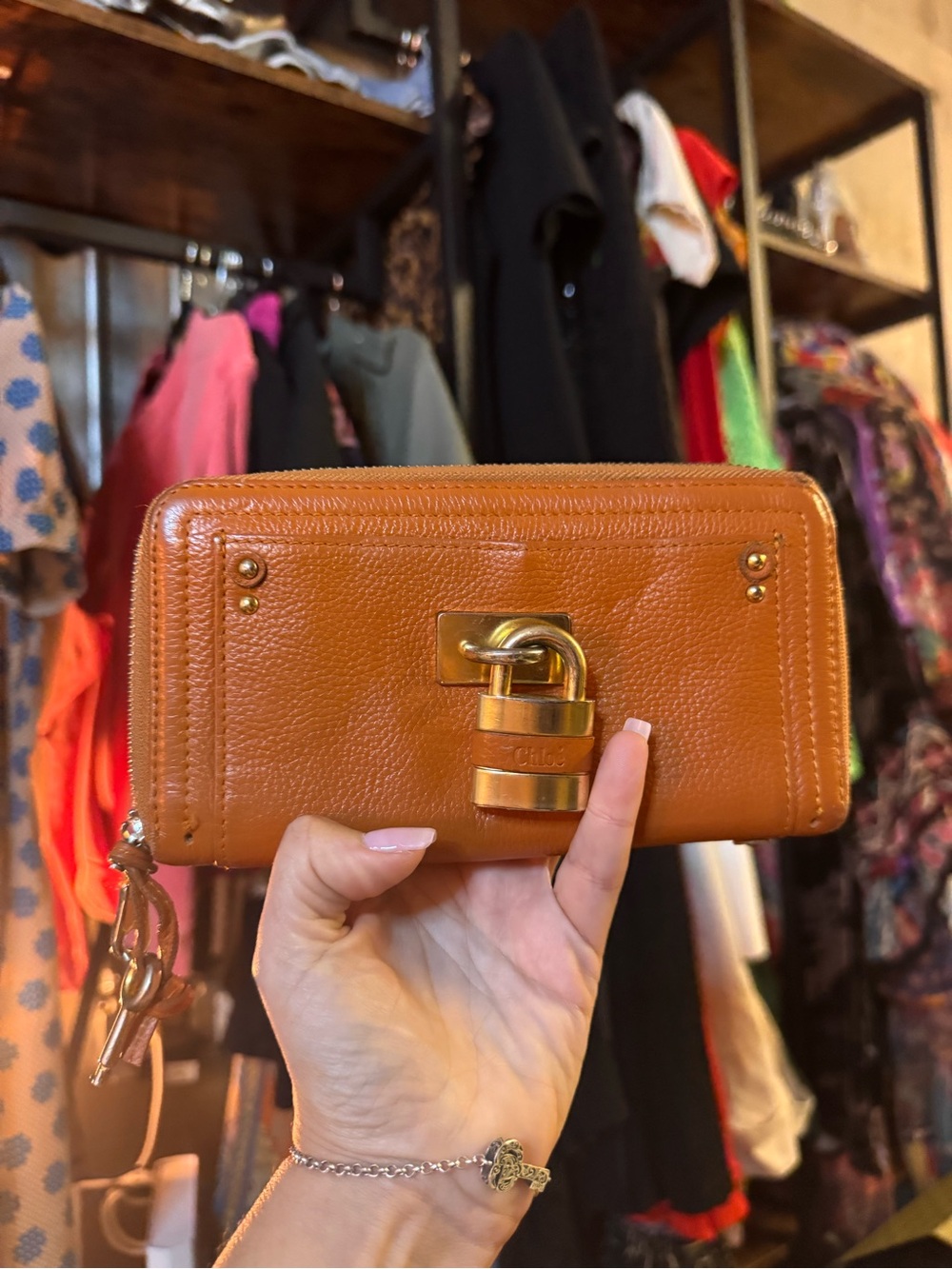 Chloe Y2K Tan Padlock Zip Wallet with Gold Hardware